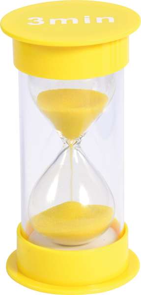 Timeglas med gult sand der løber – 3 minutters tidsmåler til børn, leg og læring

