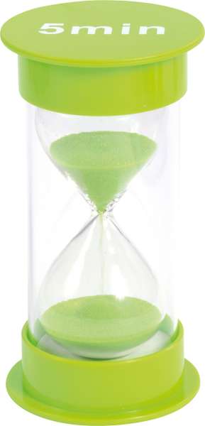 
Timeglas med grønt sand der løber – 5 minutters tidsmåler til børn, leg og læring

