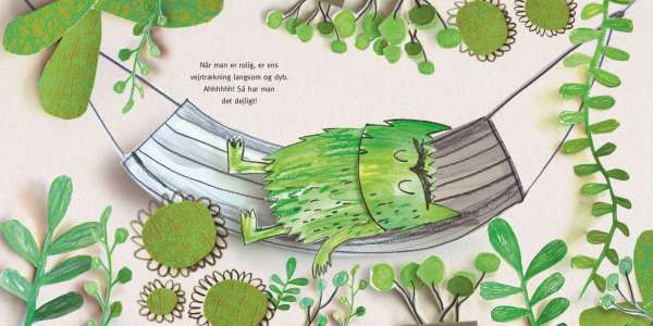 
Illustration fra Farver og Følelser bog med grøn figur i natur – kreativ og lærende børnebog

