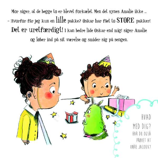 Illustration fra Min lille bog om følelser jalousi med børn i konflikt – lærerig børnebog om sociale følelser

