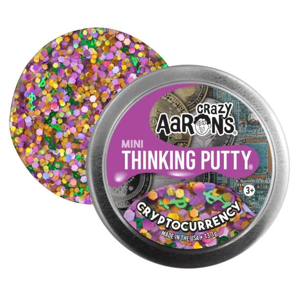 Crazy Aarons mini thinking putty cryptocurrency ved siden af dåse