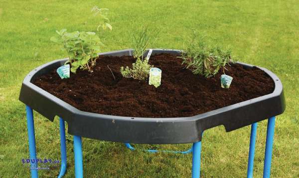 
Tuff tray sanselegebord brugt udendørs med jord og planter – perfekt til natur- og sanseleg

