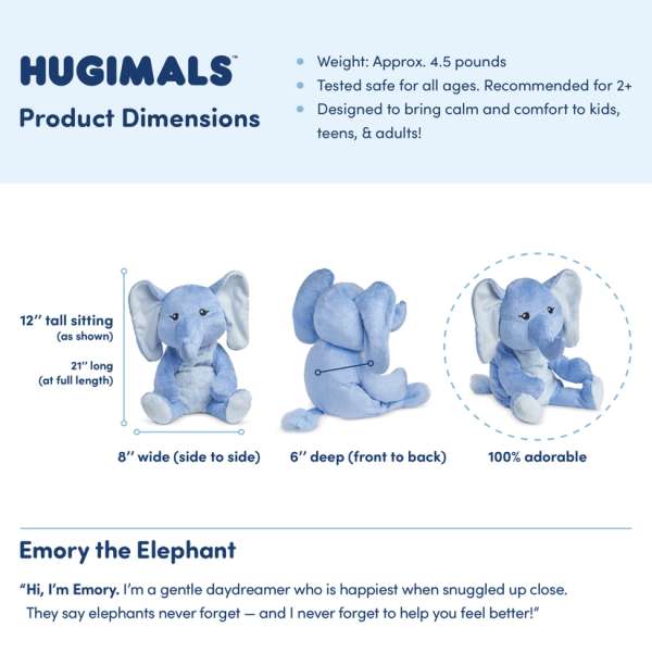Hugimals Emory elefant mål og vægt – 2 kg vægtet sansebamse med dimensioner

