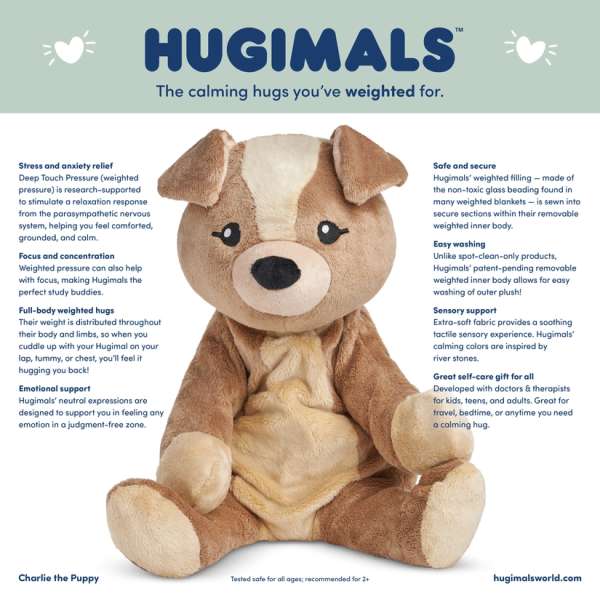 Hugimals Hundehvalpen Charlie informationsplakat – tyngdebamse designet til ro, tryghed og sanselig støtte

