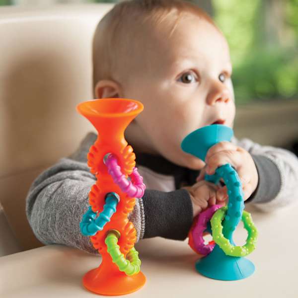 Baby leger med PipSquigz Loops i orange og blå