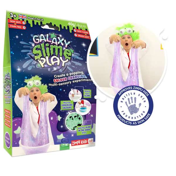 Zimpli kids galaxy slime play emballage og barn der leger med det, samt seal of approval fra british skincare foundation
