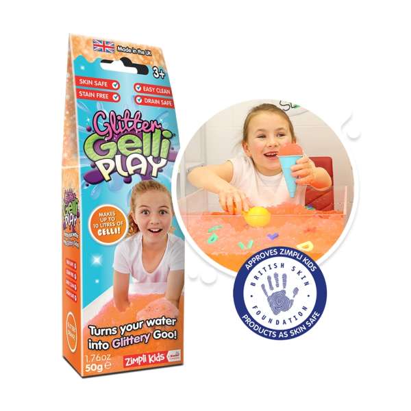 Glitter Gelli Play orange – lav selv glimmer gel til sanseleg, nem at rengøre

