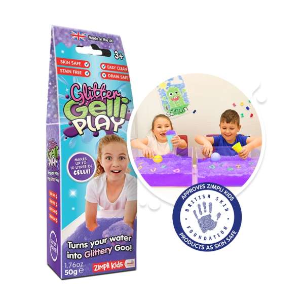 Glitter Gelli fordelt i beholder, hvor farver og glimmer reflekterer lyset under leg