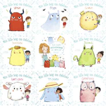 
Lær om følelser-pakke hvor hver bog i sættet vises – børnebøger der hjælper børn med at forstå og tale om følelser

