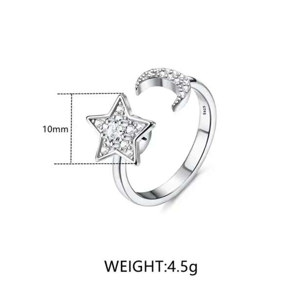 Anxiety ring med stjerne og måne – mål og vægt vist på design


