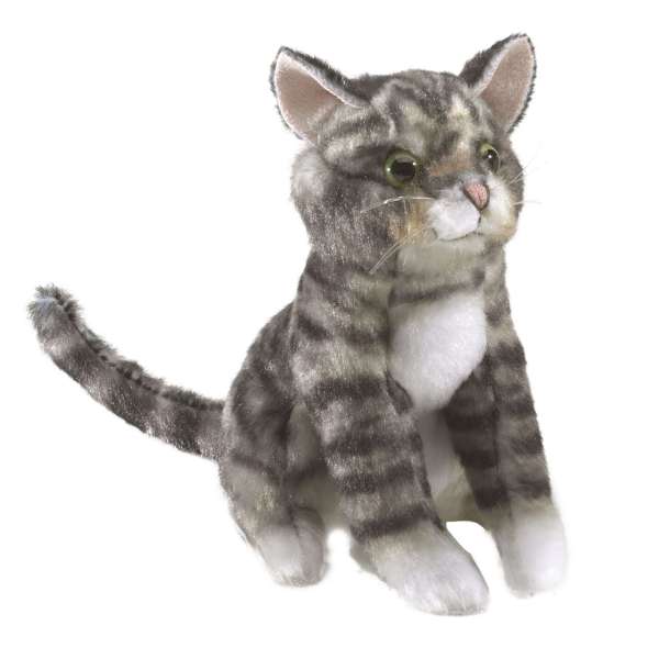 Fingerbamse tabby kat – realistisk kattebamse med stribet pels

