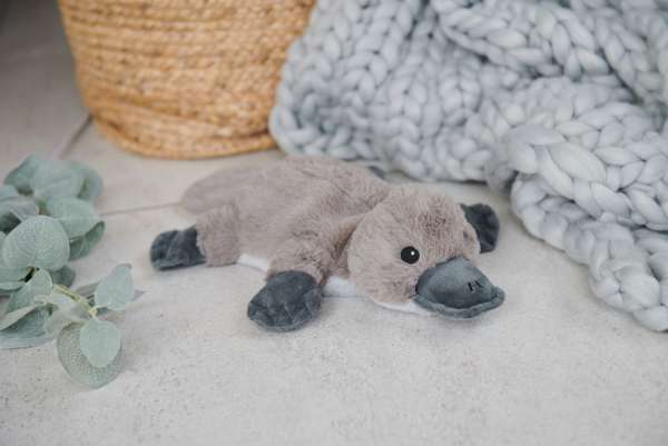 Sansebamse næbdyr liggende på tæppe – blød og beroligende sansebamse

