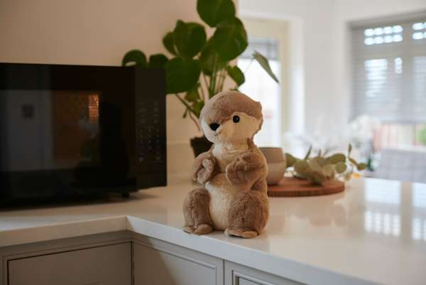 Sansebamse Warmies odder placeret i hjemmet – dekorativ og beroligende bamse med varmefunktion


