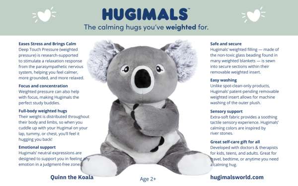 Hugimals Koalaen Quinn produktinfo – tyngdebamse med vægt i hele kroppen

