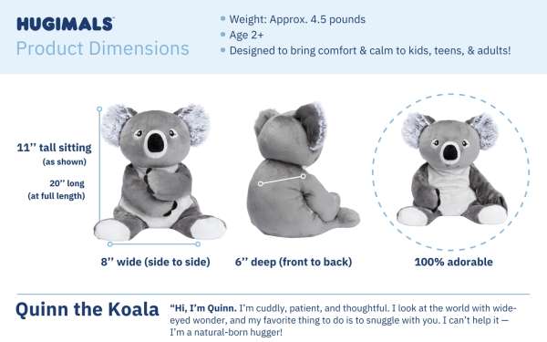 Koalaen Quinn detaljer – tyngdebamse med jævnt fordelt vægt og blødt design

