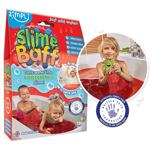 Rød Slime Baff badepulver der laver farverigt slim i badekar

