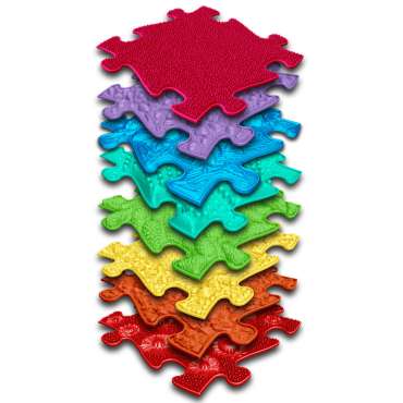 Sansegulv regnbuesæt med farverige puslebrikker – taktile gulvfliser til sansestimulering

