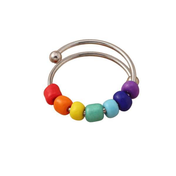 Anxiety ring med regnbueperler – ring med farverige bevægelige kugler til ro og fokus

