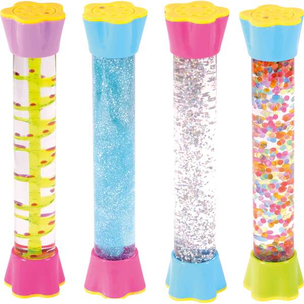 Sanserør i sæt – farverige aktivitetsrør med bevægelse og visuelle effekter til sanselig udforskning hos børn.

