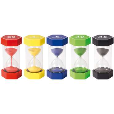 Kæmpe timeglas i sæt – store sandtimere til visuel tidsforståelse, sanseleg og pædagogiske aktiviteter for børn.


