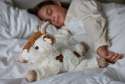 Sansebamse Warmies liggende ged sover sammen med en pige i en seng 