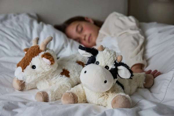 Sansebamse Warmies liggende ko sammen med sin ven ged og en pige I en seng 