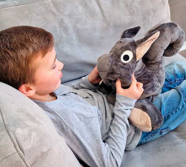 Sansebamsen egernet Eric – barn krammer blød bamse på sofa

