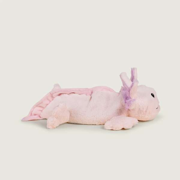 
Warmies pink axolotl fra siden – varmende bamse til ro og kram

