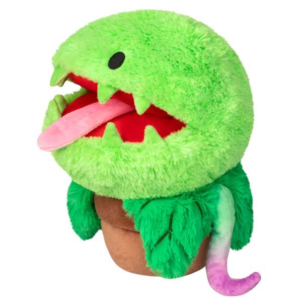 Venus fluefanger bamse set fra siden – blød plush plante med åben mund, tænder og lyserød tunge

