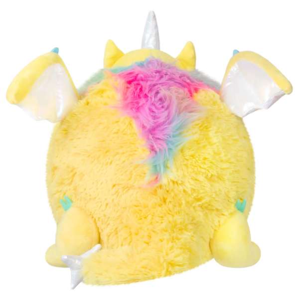 Prismatic drage plush bamse bagfra – gul drage med fluffy regnbue manke og små vinger

