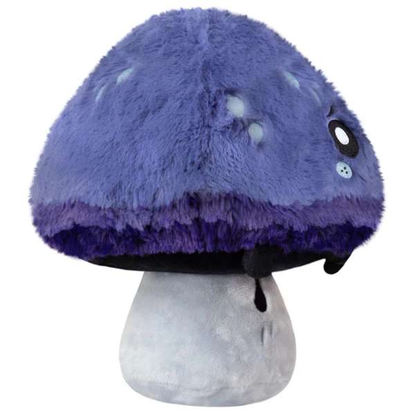 Blækhat svamp bamse set fra siden – fluffy lilla plush svamp med mørke detaljer og blød stilk

