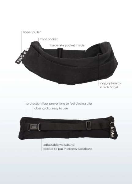 CalmDesign bæltetaske med tyngde vist med mål – ergonomisk design til komfort og funktion

