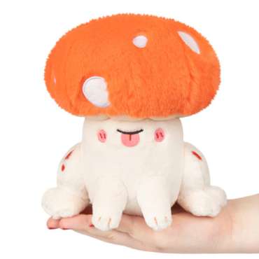 Fluesvamp bamse i orange og hvid plys med svampehat, sød og blød tøjbamse i svampedesign

