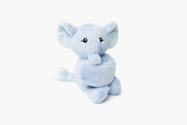 Elefant bamse i lyseblå plys med langt krammedesign, blød og fleksibel krammebamse til børn