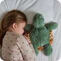 Sansebamse Warmies® baby skildpadde og en pige ligger og sover
