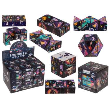 Infinity Cube Rummet – foldbar fidget cube med rumtema til ro, fokus og uendelig bevægelse

