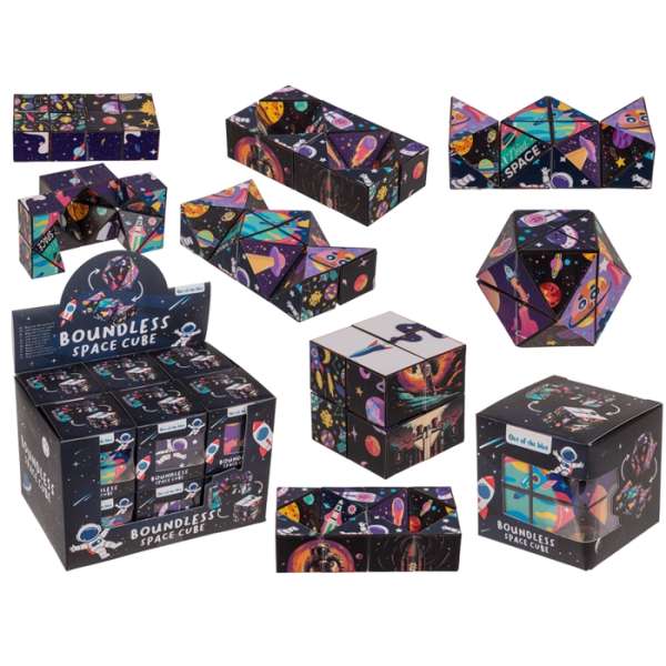 Infinity Cube Rummet – foldbar fidget cube med rumtema til ro, fokus og uendelig bevægelse

