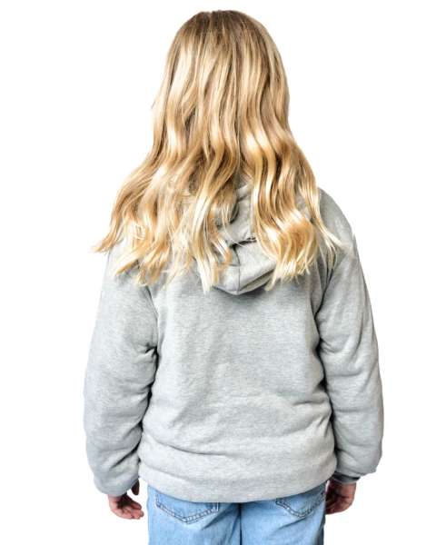 Grå tyngdehoodie set bagfra på barn, blød hoodie med hætte og afslappet fit

