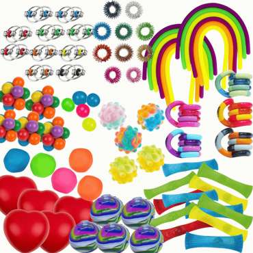 Den store pilfingerkasse – omfattende sæt med mange forskellige fidget toys og sanselegetøj

