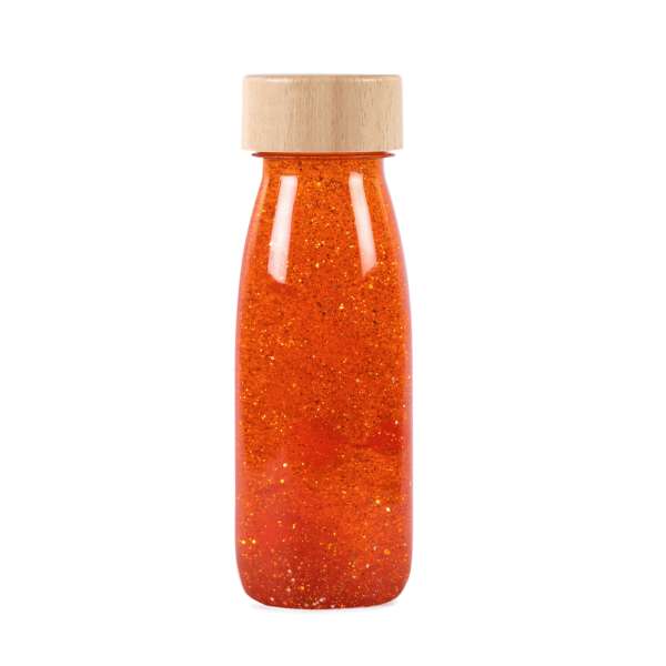 Petit Boum Float orange sanseflaske – flydende glitter til visuel stimulering, ro og koncentration

