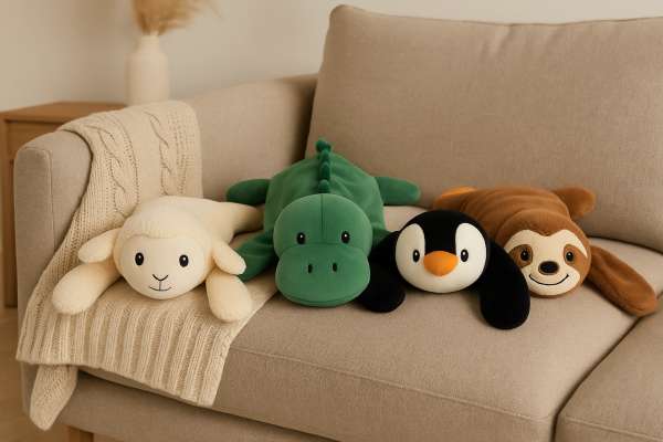 
Bamsepuder med tyngde i 4 varianter – dinosaur, bjørn, pingvin og dovendyr
