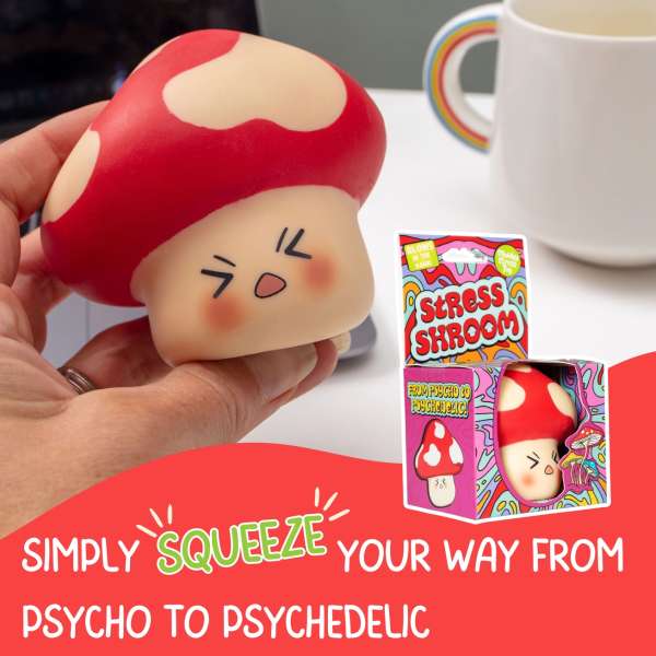 Stress Shroom klemmedyr ved skrivebord – afslappende stressbold


