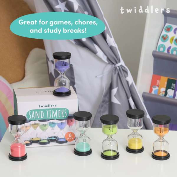 Alle 6 timeglas samlet – pædagogisk sæt til læring af tid og koncentration.

