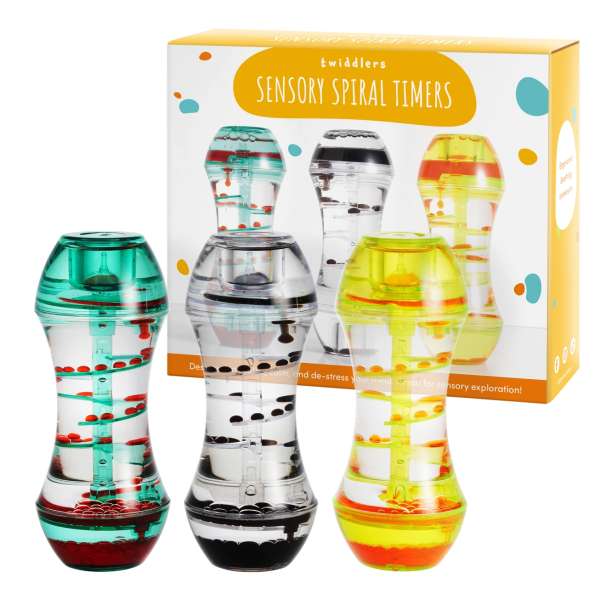 Spiral sanse-timeglas – sæt med 3 stk. til børn, perfekt til visuel stimulering og sanseleg.

