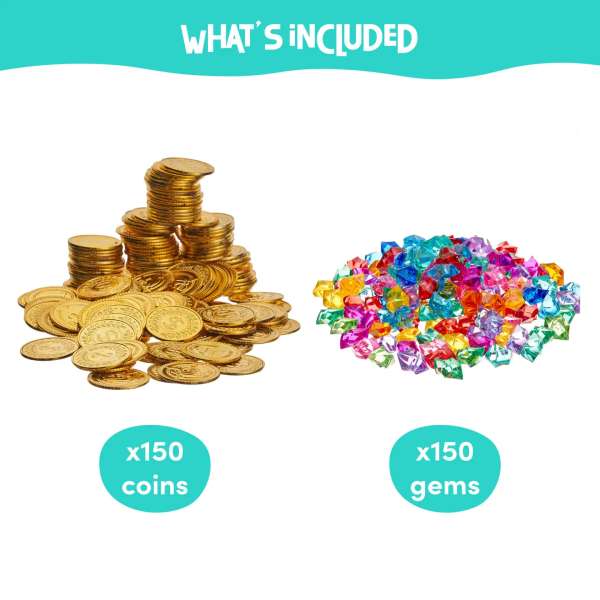 Piratskat – bøtte med 150 guldmønter og 150 ædelsten