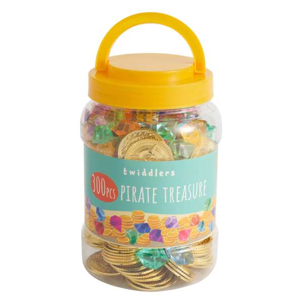 Piratskat bøtte med mønter og ædelsten – komplet sæt til pirattema og fantasileg.

