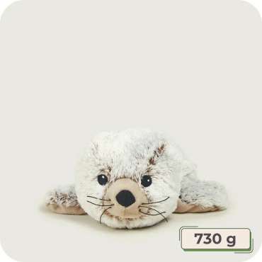 Sansebamse Warmies sæl 730 g set forfra – blød tyngdebamse med varmefunktion til ro og sansestimulering


