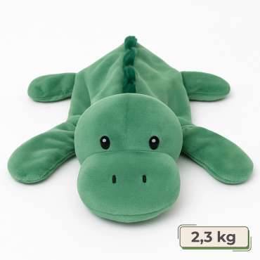Dinosaur bamsepude med tyngde – beroligende bamse til børn for ro og tryghed.

