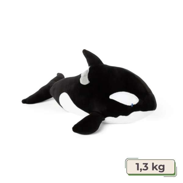 Spækhugger sansebamse med tyngde. Billede med vægtlabel.