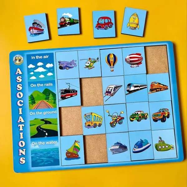 transport puslespil børn med biler, tog, fly og skibe – associationsspil læring

